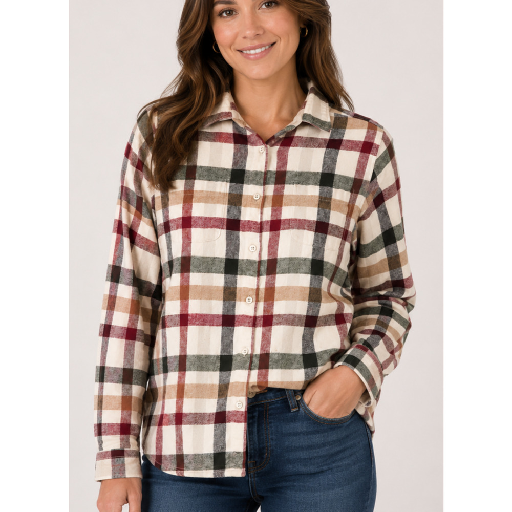 Woolrich S Plaid Flannel Shirt Cotton Button Front Red Green Gold Cream Cozy